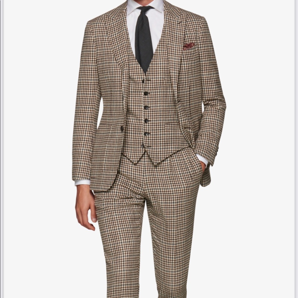 Havana Brown Check Wool/Cashmere 3 Piece Peak Lapel Suit